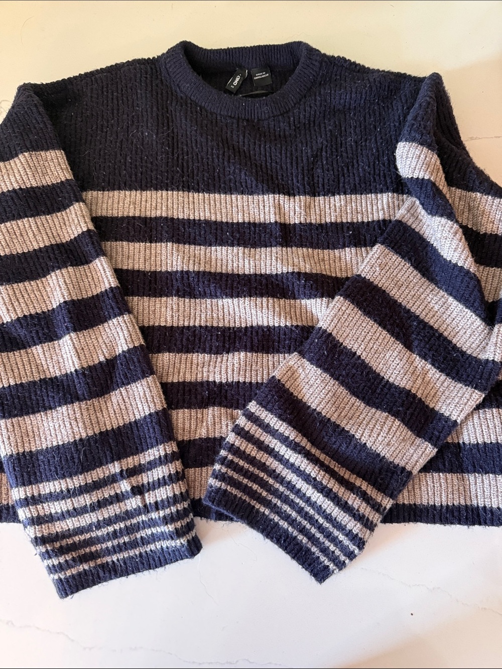 Only Navy and Beige Striped Crewneck Sweater